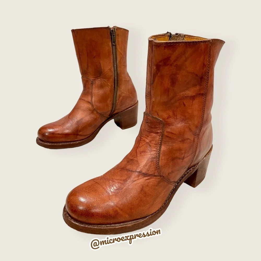 Frye Campus 14L Cognac Brown Leather Vintage Short Zip Up Mid-calf Lug AnkleBoot - Picture 5 of 11